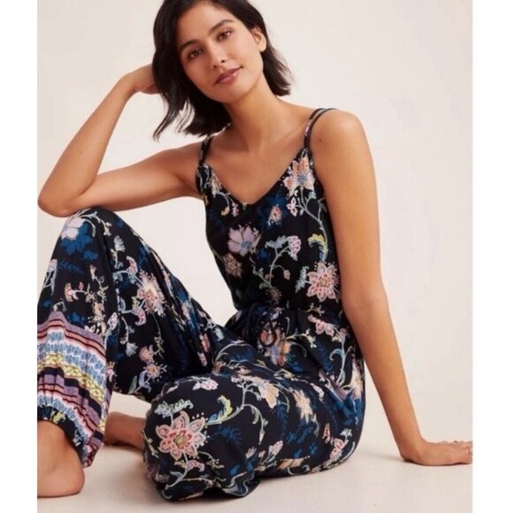 Anthropologie Luka Jumpsuit Small Black Floral Stretchy Jogger Elastic Tie Waist - Picture 14 of 14